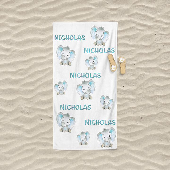 Personalized Kids Beach Towels - Elephant2 Green