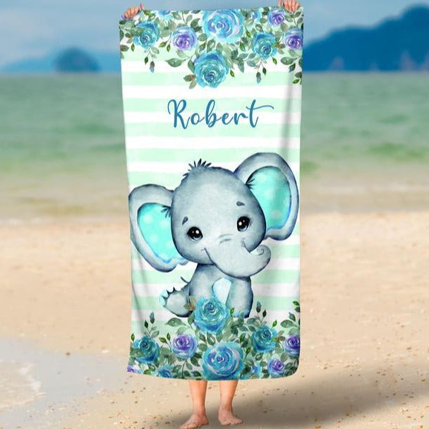 Personalized Kids Beach Towels - Elephant13 Blue