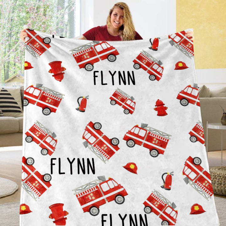 Custom Name Fleece Cartoon Blanket II12 - Fire Trucks