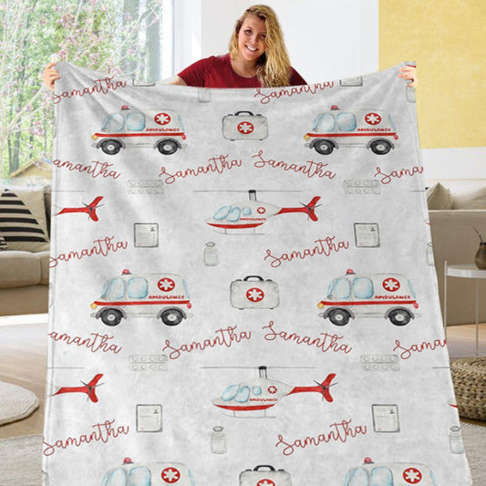 Custom Name Fleece Cartoon Blanket II08 - Ambulance